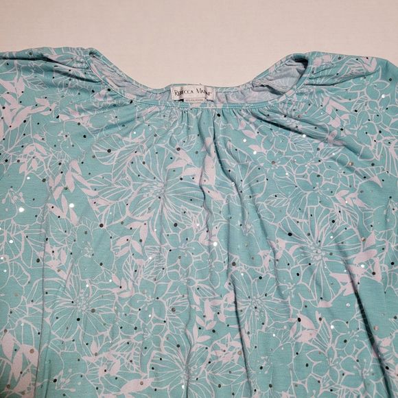 Rebecca Malone SS Blouse Teal White Flowers w/all Over Sequins - Size Large - Picture 2 of 4
